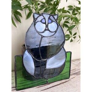Vintage Stained Glass Cute Chunky Grey Cat W/ Pink Nose Blue Eyes Suncatcher 7”